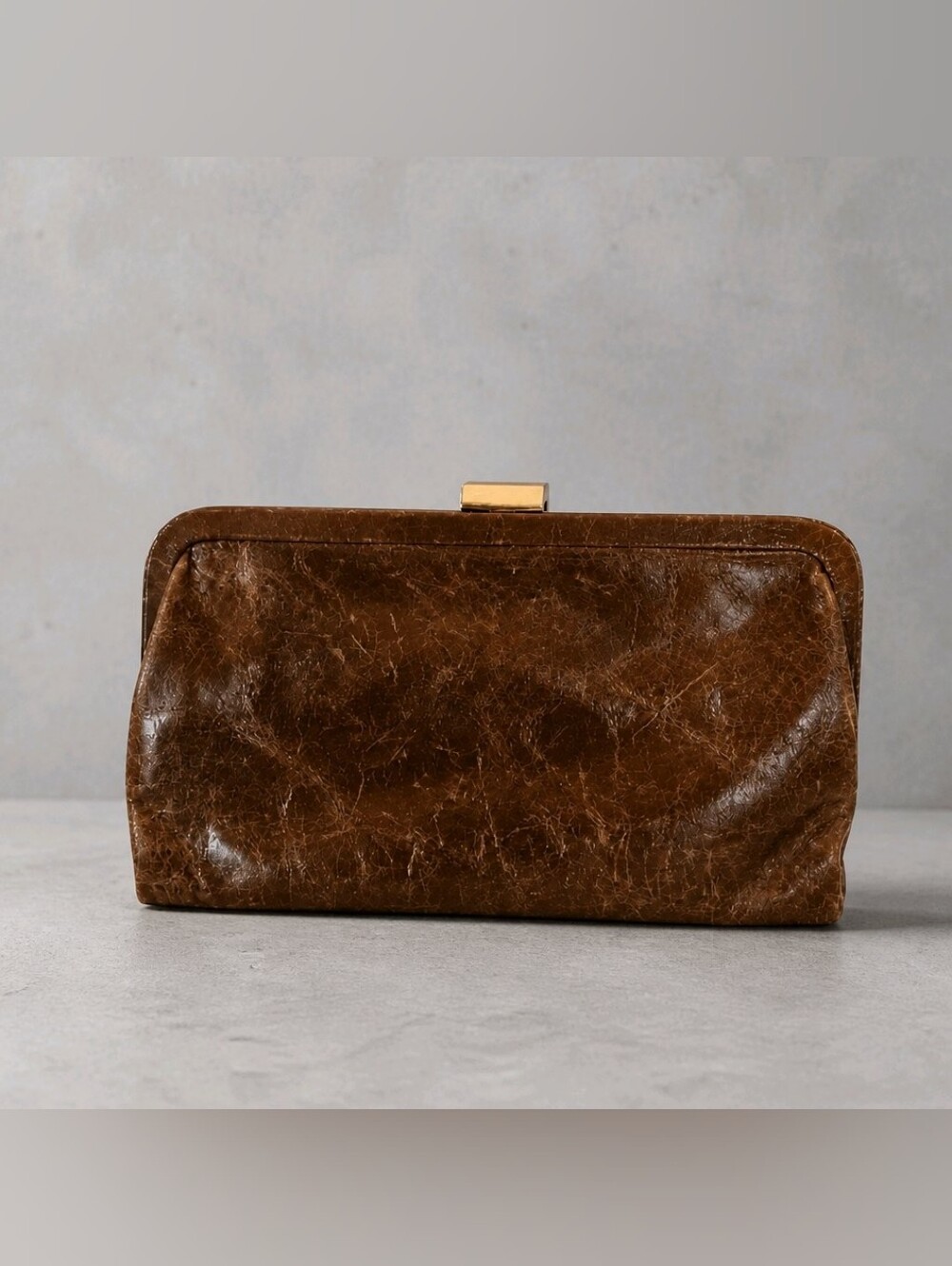 Vintage Latico NJ USA Brown Genuine Leather Clutch Purse Gold Clasp